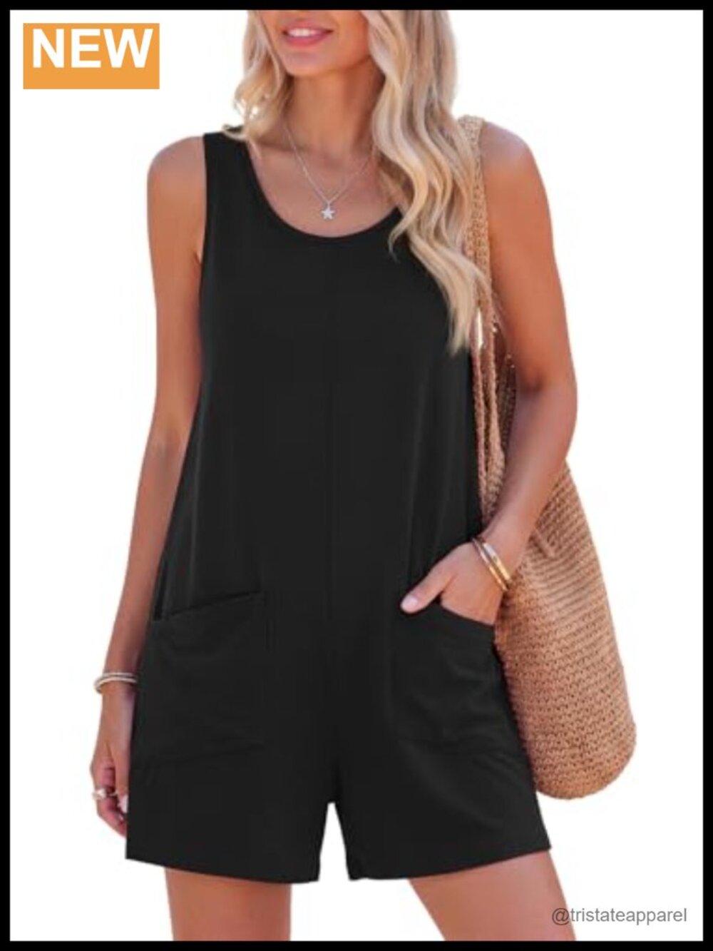 Sleeveless Scoop Neck Romper Short Jumpsuit Loose Fit Pockets Summer Beach